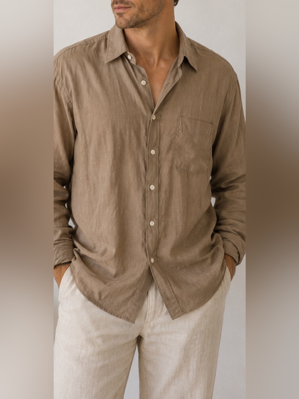 Tom James Men’s Dress Shirt 16-33 Beige Tan USA Made Long Sleeve Button Front